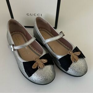 Gucci Toddler Metallic Sparkly Leather Mary Jane Flat Round Toe Shoes EU 25